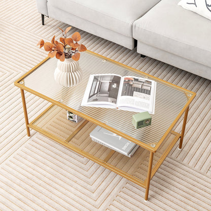 2-Tier Coffee Table with Shelf Center Tea Table with Tempered Glass Top, Golden Coffee Tables   at Gallery Canada