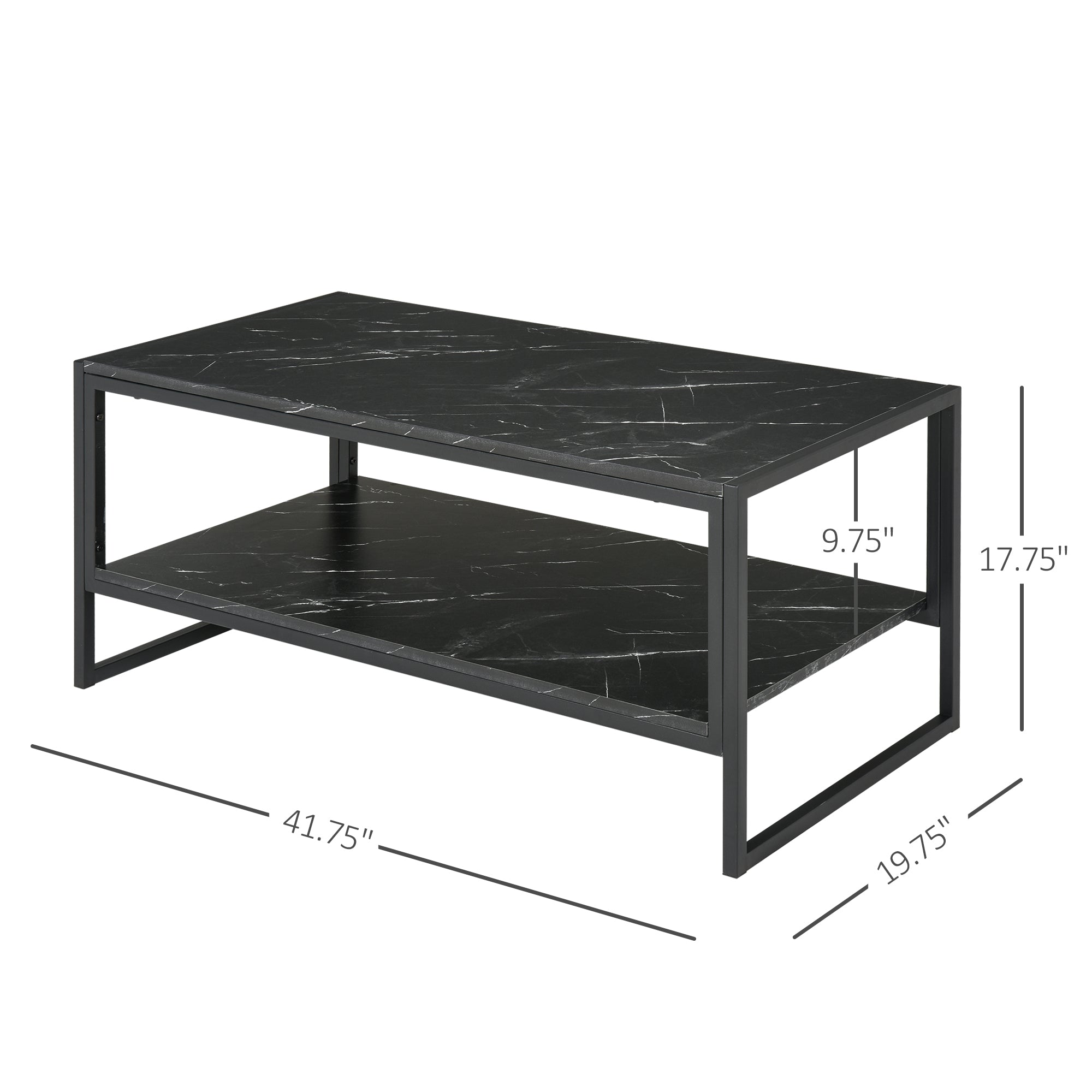 2-Tier Coffee Table with Storage Shelf, Cocktail Table with Marble Textured Table Top, for Living Room Bedroom Dorm, Black Coffee Tables   at Gallery Canada