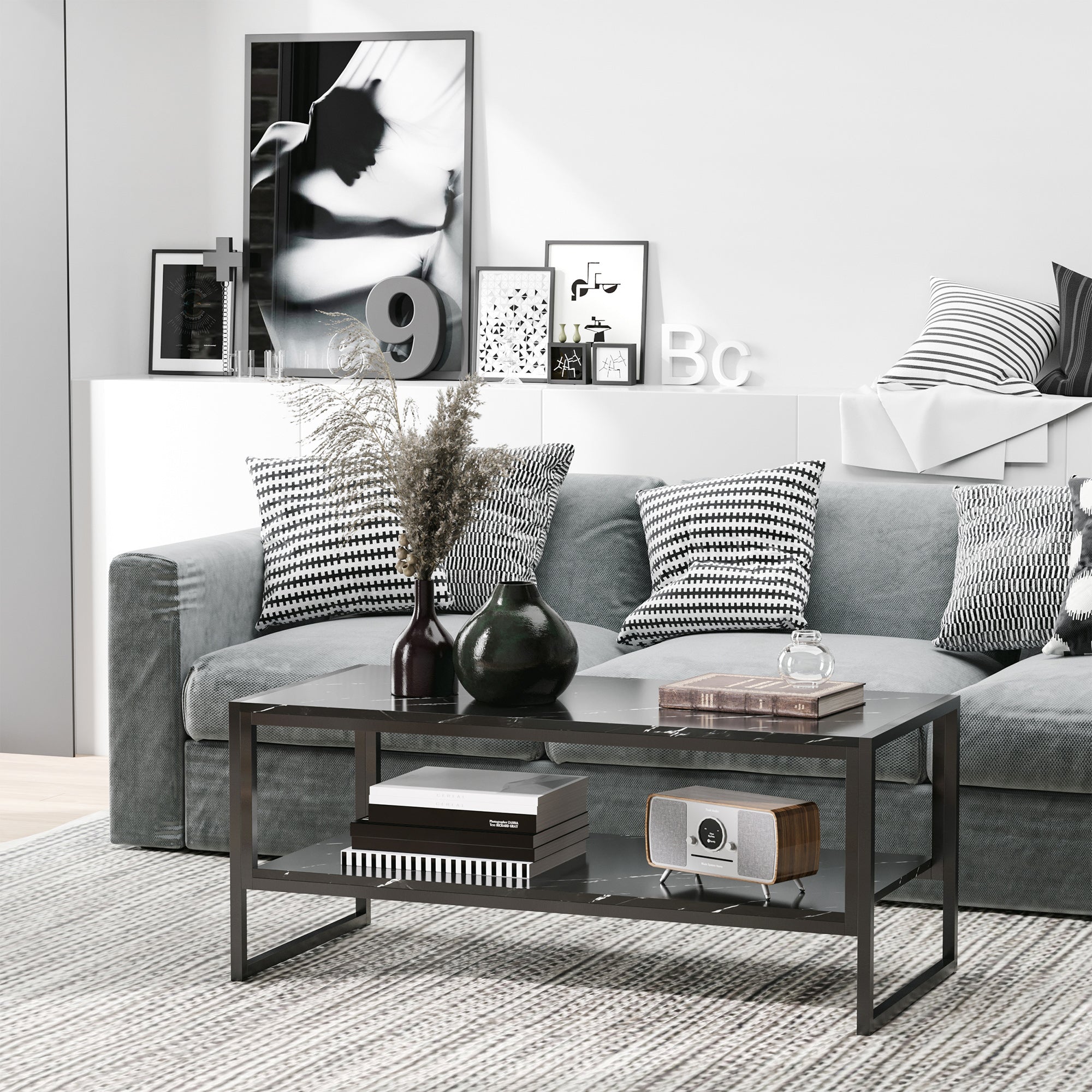 2-Tier Coffee Table with Storage Shelf, Cocktail Table with Marble Textured Table Top, for Living Room Bedroom Dorm, Black Coffee Tables   at Gallery Canada