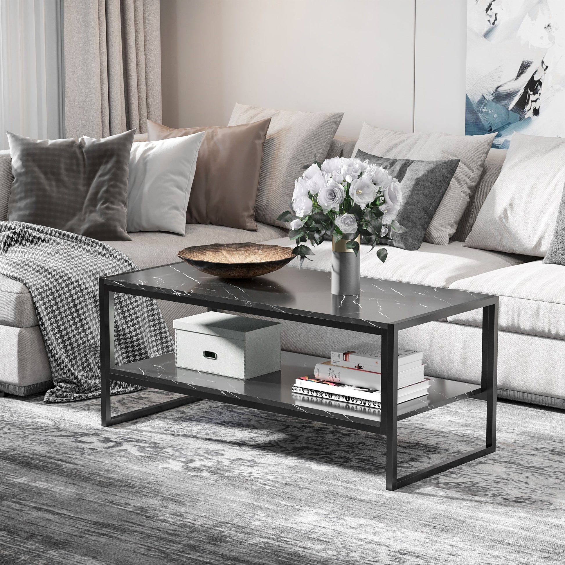 2-Tier Coffee Table with Storage Shelf, Cocktail Table with Marble Textured Table Top, for Living Room Bedroom Dorm, Black Coffee Tables   at Gallery Canada