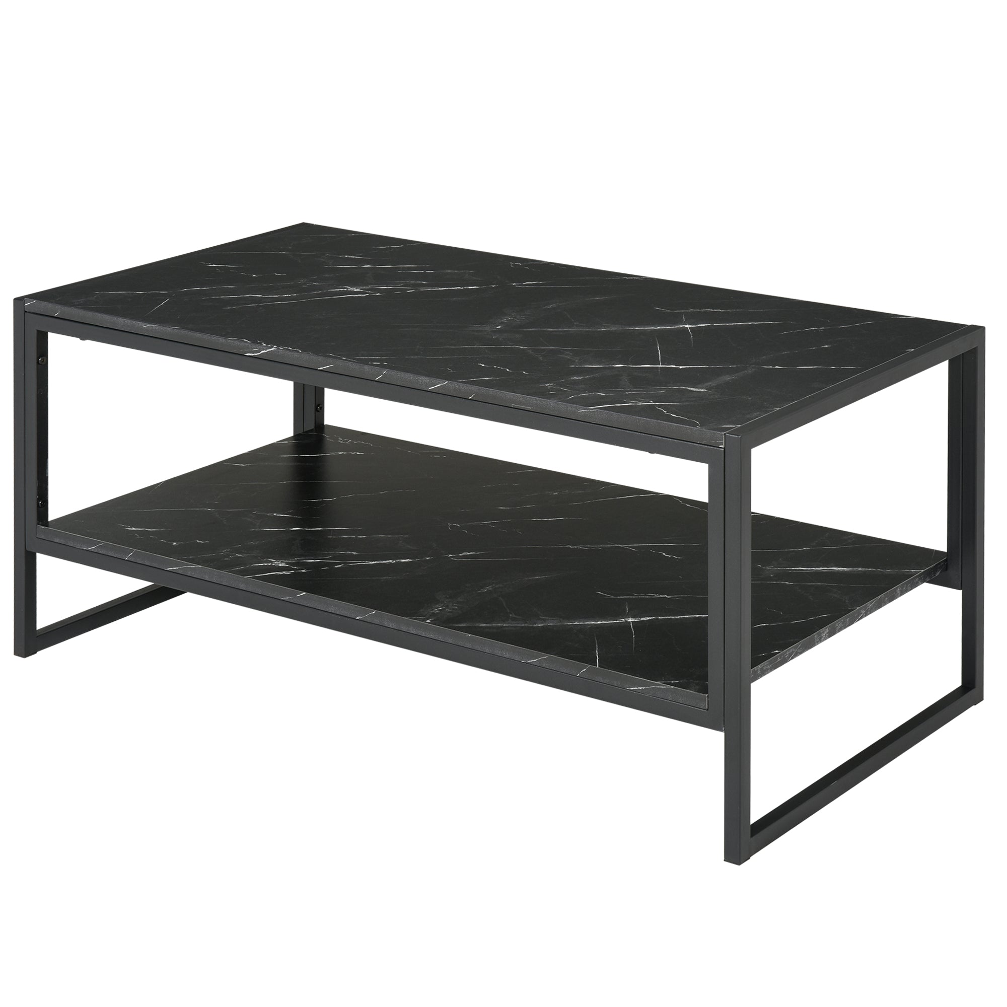 2-Tier Coffee Table with Storage Shelf, Cocktail Table with Marble Textured Table Top, for Living Room Bedroom Dorm, Black Coffee Tables Black  at Gallery Canada