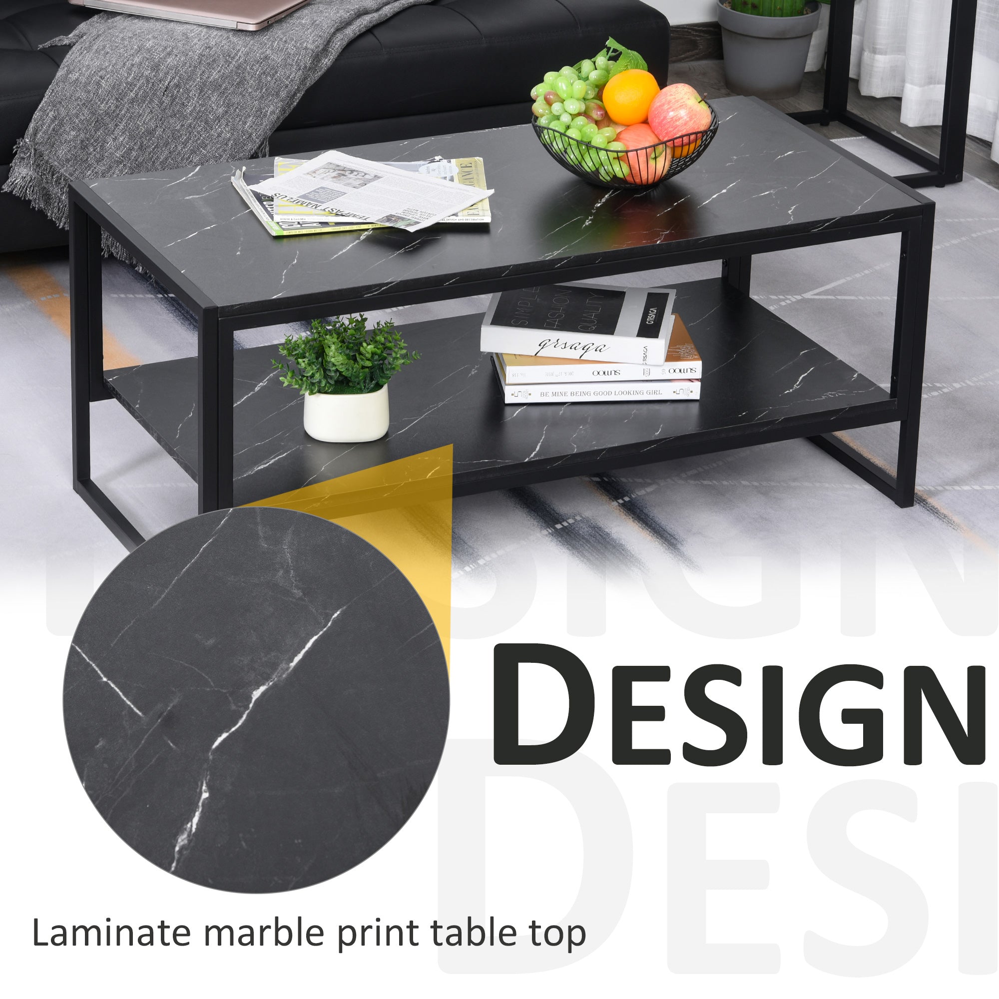 2-Tier Coffee Table with Storage Shelf, Cocktail Table with Marble Textured Table Top, for Living Room Bedroom Dorm, Black Coffee Tables   at Gallery Canada