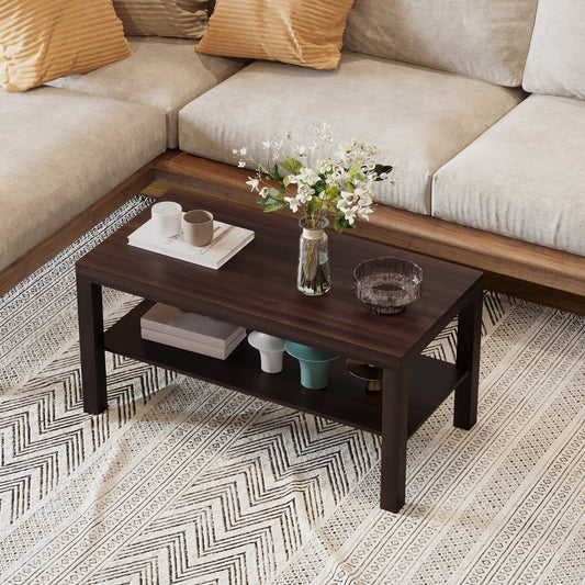 2 Tier Coffee Table with Storage Shelf, Rectangular Center Table for Living Room, Home Office Furniture Walnut Coffee Tables Walnut  at Gallery Canada