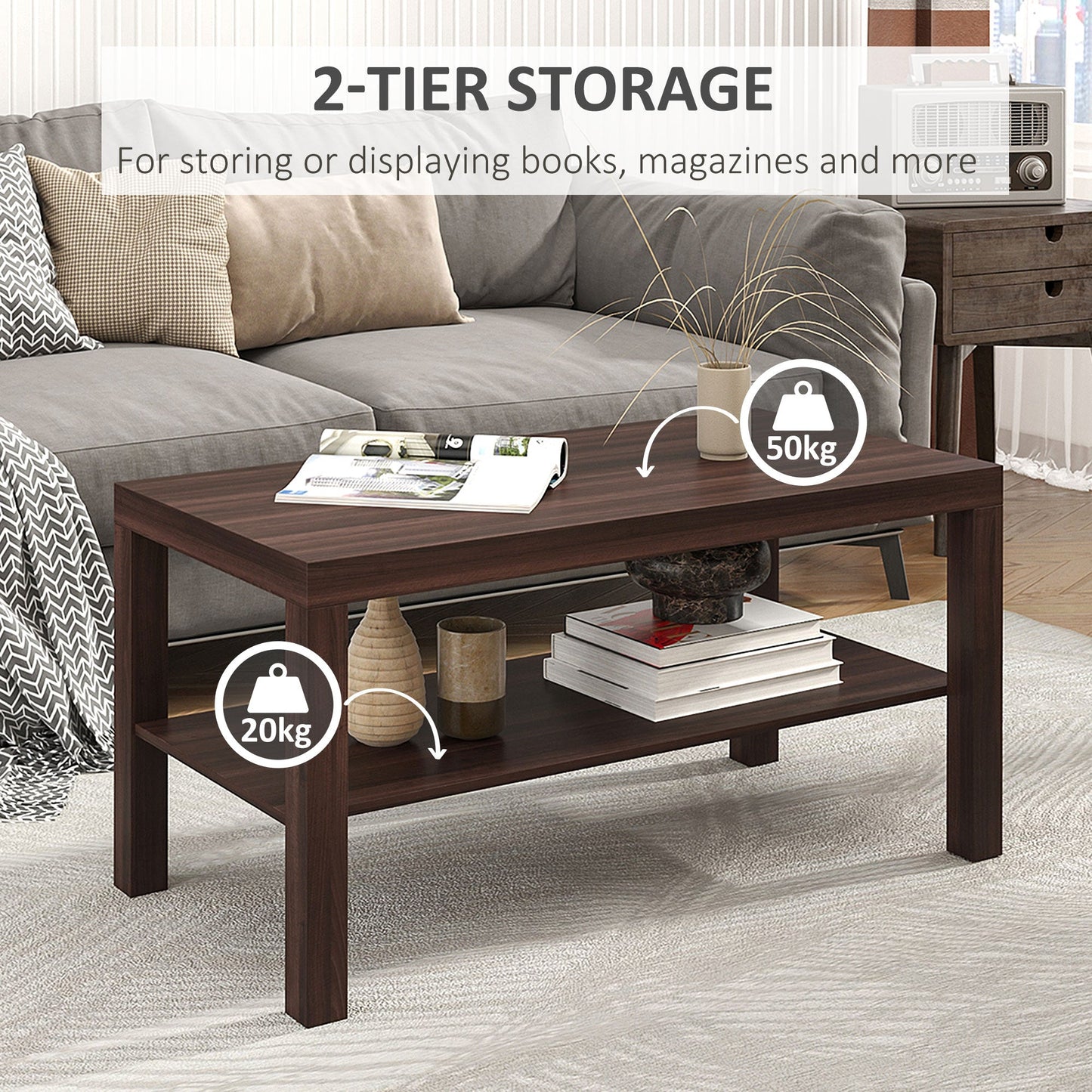 2 Tier Coffee Table with Storage Shelf, Rectangular Center Table for Living Room, Home Office Furniture Walnut Coffee Tables   at Gallery Canada