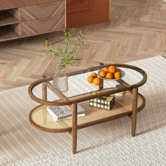 2-Tier Coffee Table with Tempered Glass Tabletop and Acacia Wood Frame, Natural Coffee Tables   at Gallery Canada