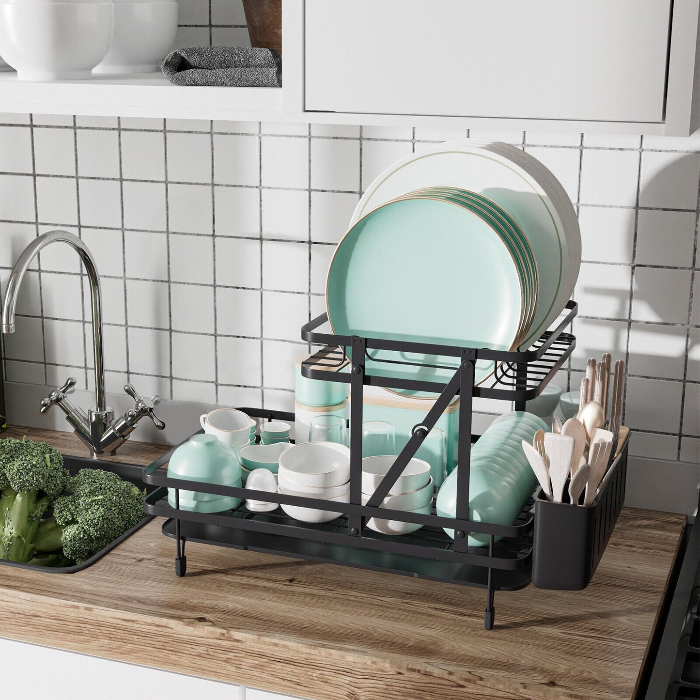 2-Tier Collapsible Dish Rack with Removable Drip Tray, Black Dish Racks   at Gallery Canada