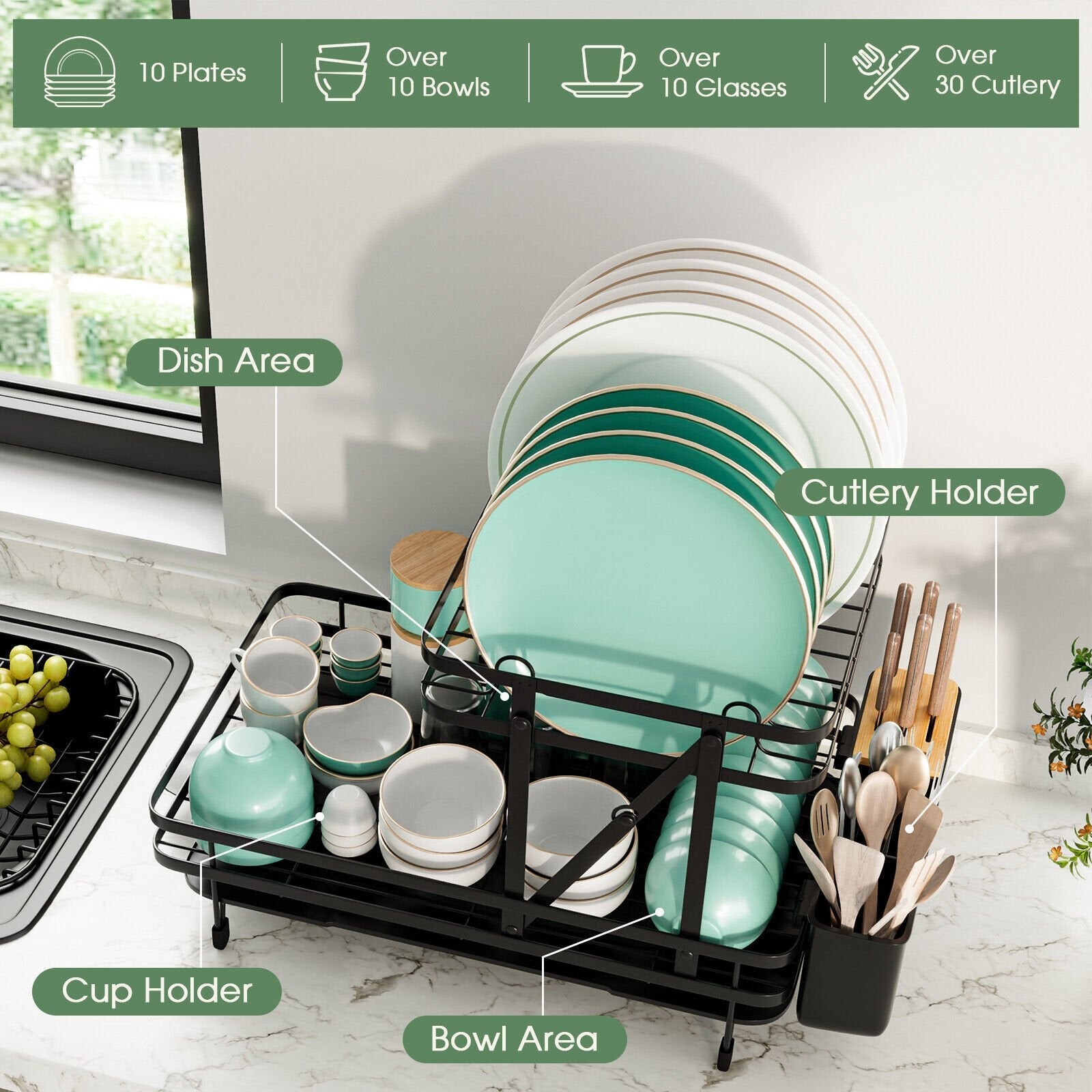 2-Tier Collapsible Dish Rack with Removable Drip Tray, Black Dish Racks   at Gallery Canada