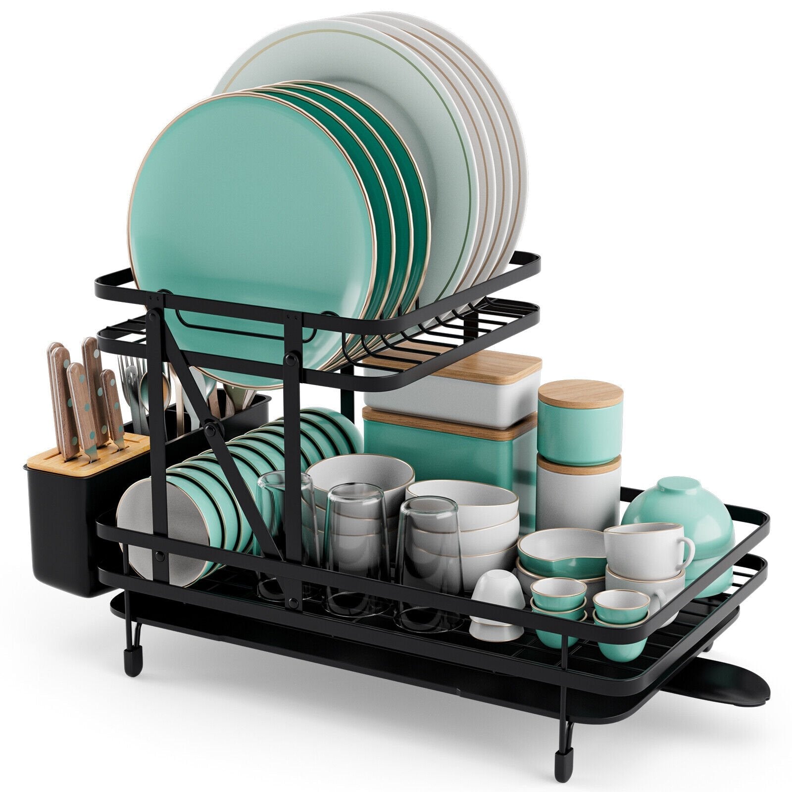 2-Tier Collapsible Dish Rack with Removable Drip Tray, Black Dish Racks   at Gallery Canada