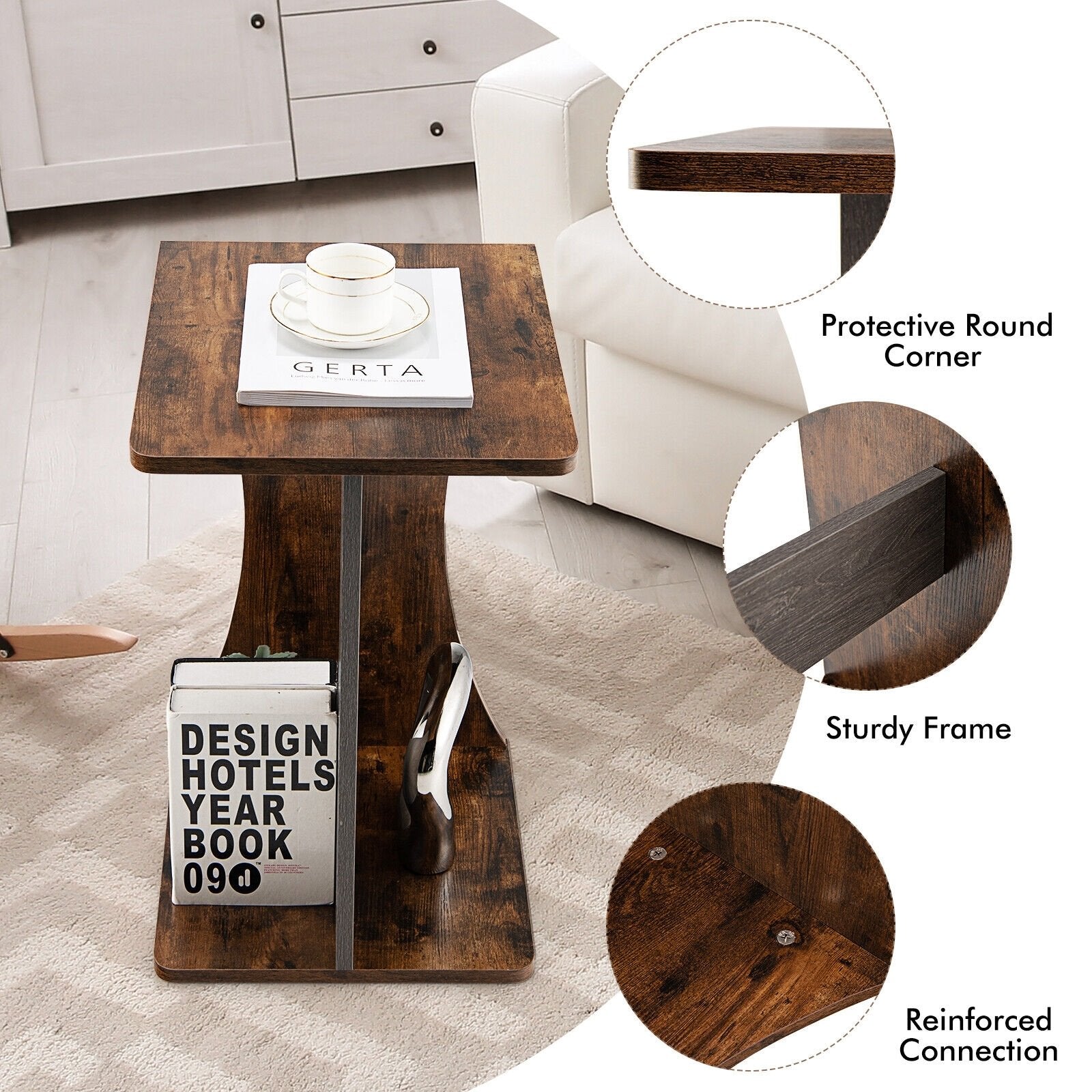 2-Tier Compact C-shape Sofa Side Table, Rustic Brown End & Side Tables   at Gallery Canada