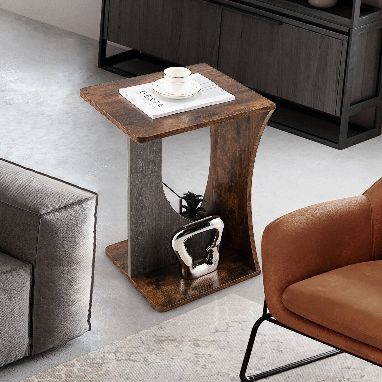 2-Tier Compact C-shape Sofa Side Table, Rustic Brown End & Side Tables   at Gallery Canada