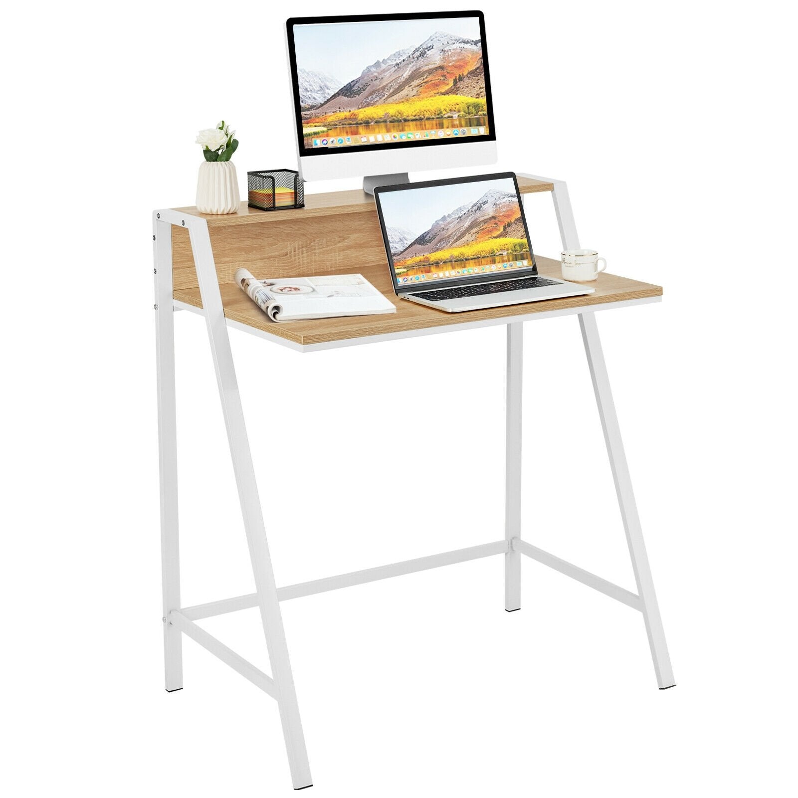 2 Tier Computer Desk PC Laptop Table Study Writing Home Office Workstation New, Natural Writing Desks   at Gallery Canada