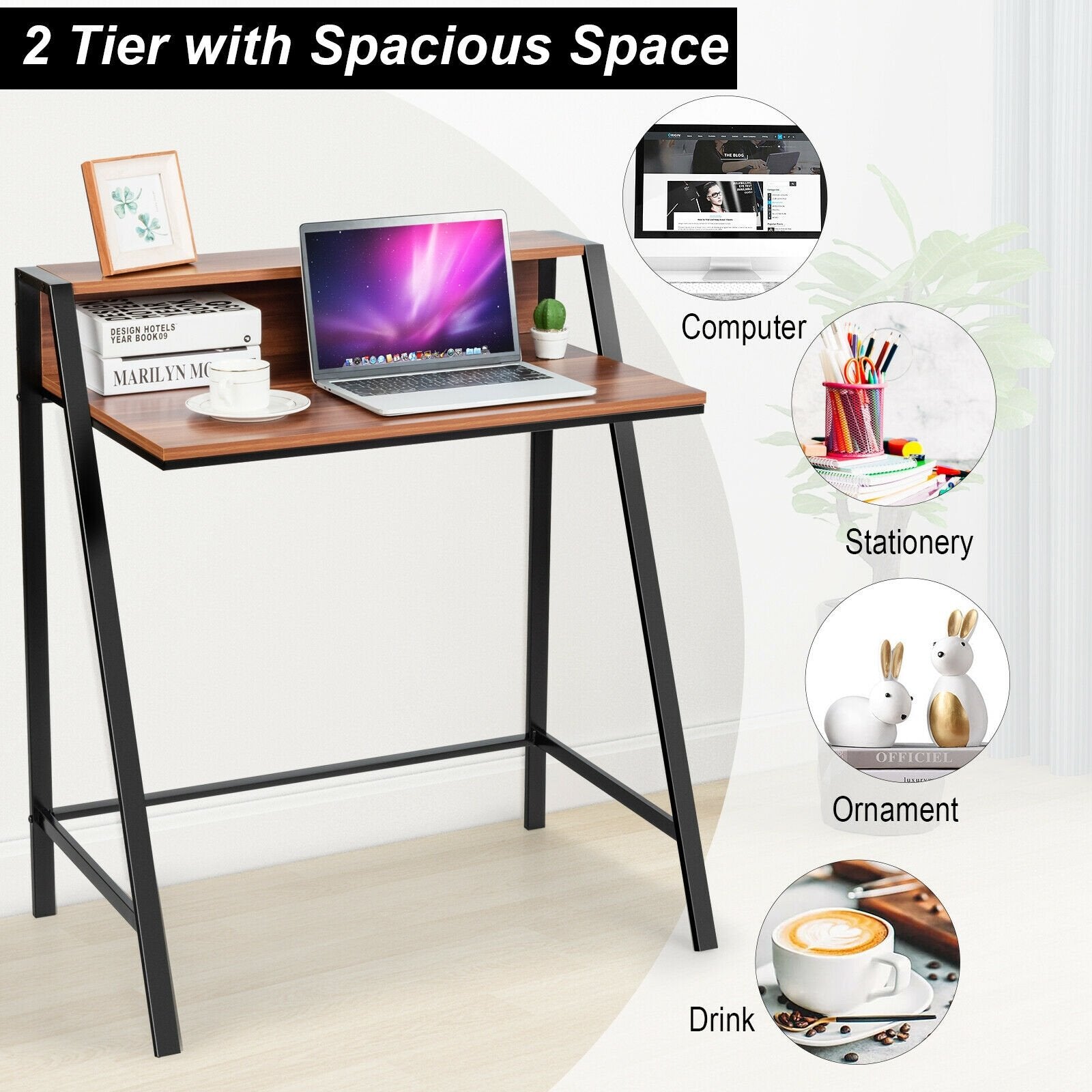 2 Tier Computer Desk PC Laptop Table Study Writing Home Office Workstation New, Walnut Writing Desks   at Gallery Canada