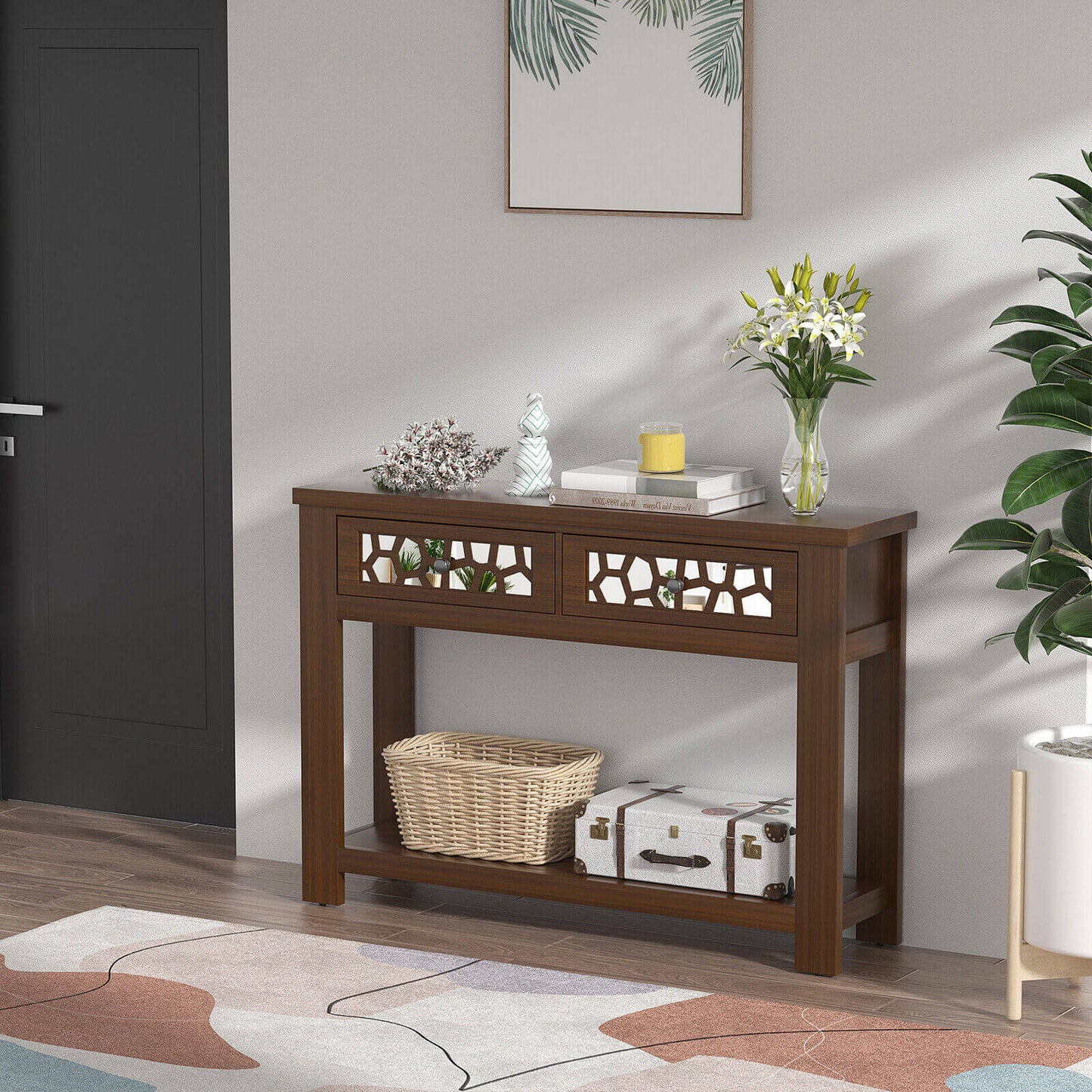 2-Tier Console Table with Drawers and Open Storage Shelf, Brown Console Tables   at Gallery Canada