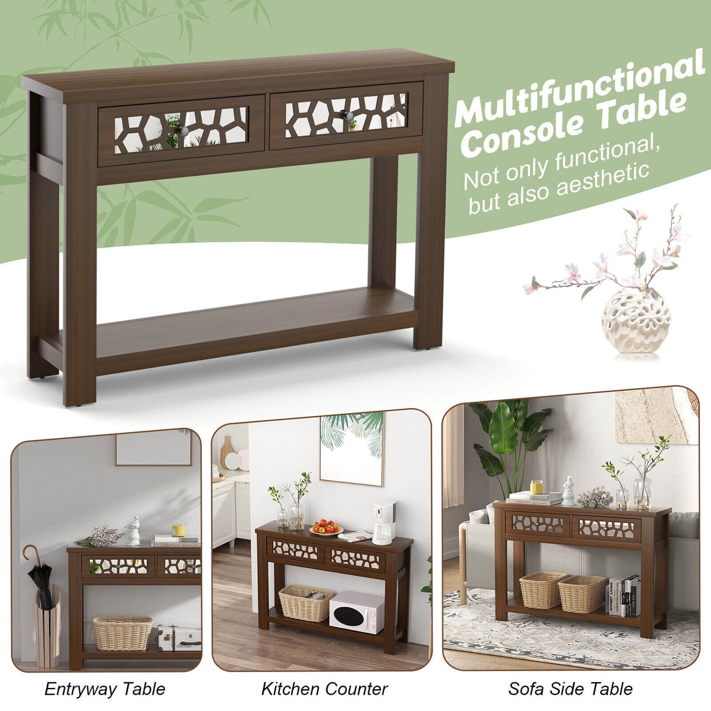 2-Tier Console Table with Drawers and Open Storage Shelf, Brown Console Tables   at Gallery Canada