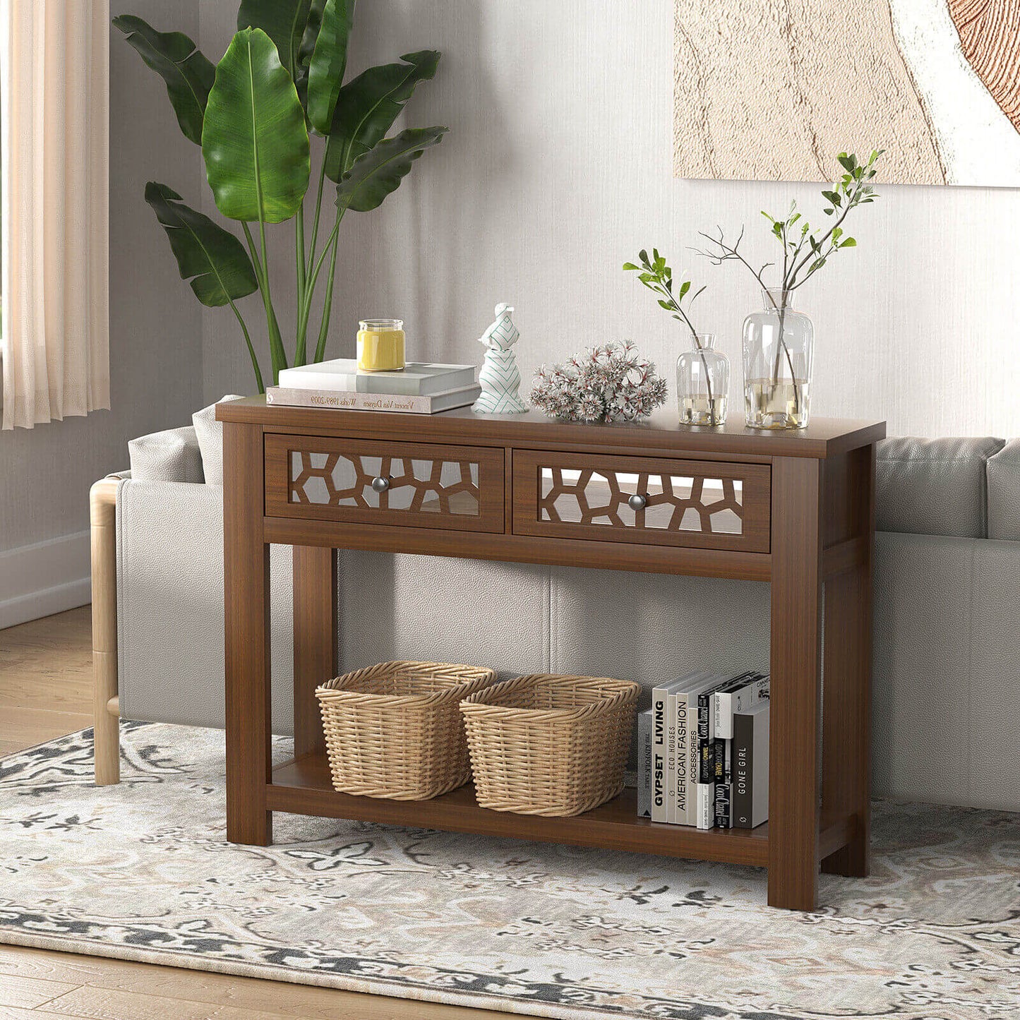 2-Tier Console Table with Drawers and Open Storage Shelf, Brown Console Tables   at Gallery Canada