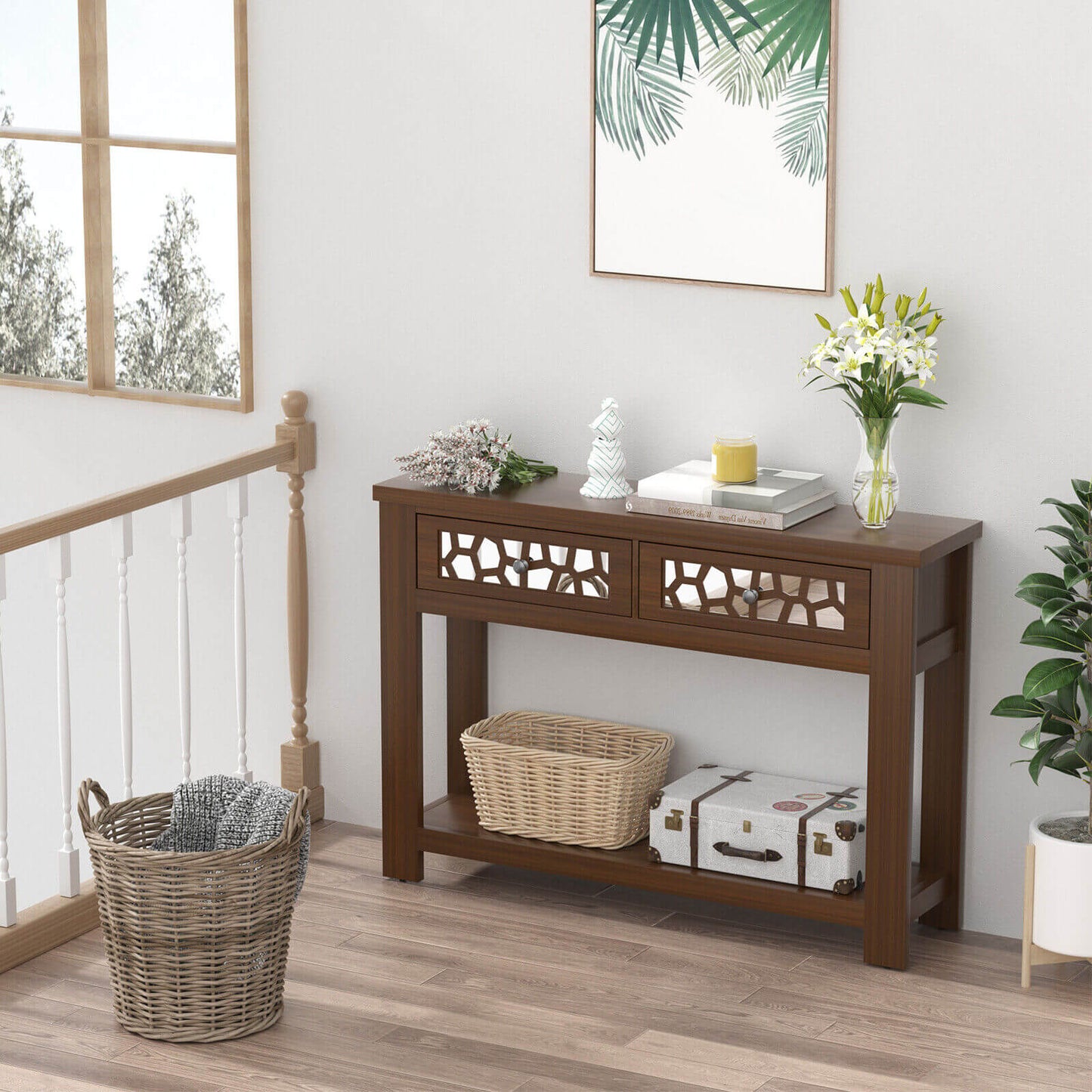 2-Tier Console Table with Drawers and Open Storage Shelf, Brown Console Tables   at Gallery Canada