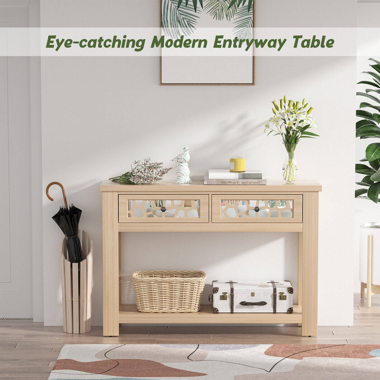 2-Tier Console Table with Drawers and Open Storage Shelf, Natural Console Tables   at Gallery Canada