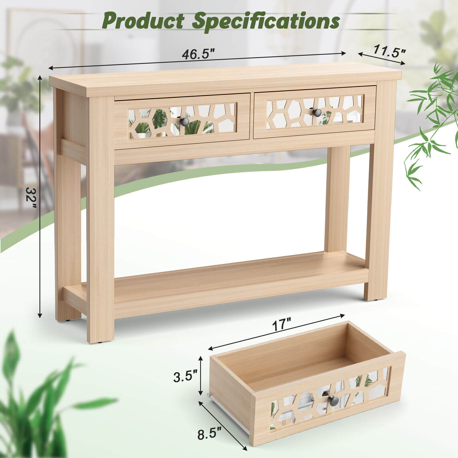 2-Tier Console Table with Drawers and Open Storage Shelf, Natural Console Tables   at Gallery Canada