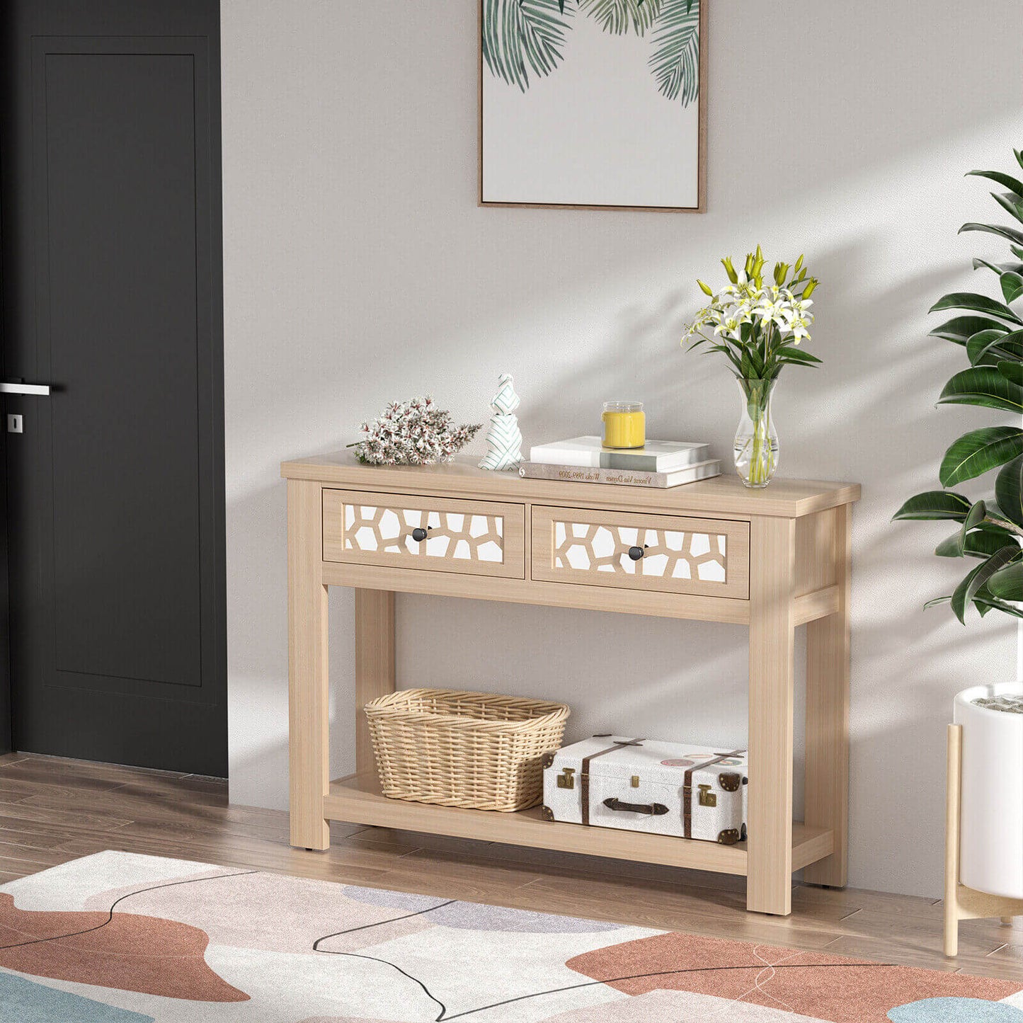 2-Tier Console Table with Drawers and Open Storage Shelf, Natural Console Tables   at Gallery Canada