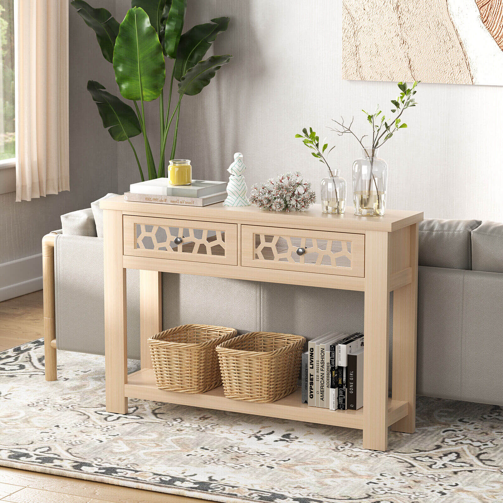 2-Tier Console Table with Drawers and Open Storage Shelf, Natural Console Tables   at Gallery Canada