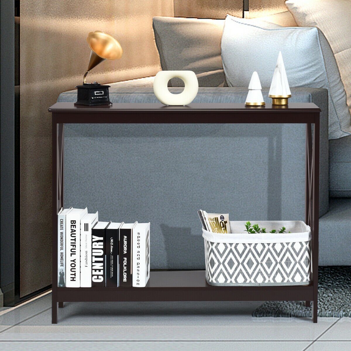 2-Tier Console X-Design Sofa Side Accent Table, Dark Brown Console Tables   at Gallery Canada