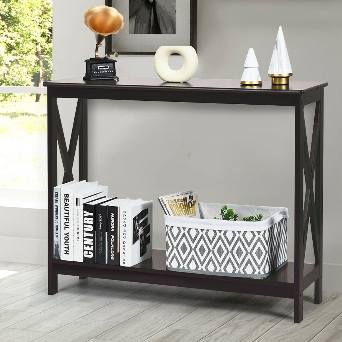 2-Tier Console X-Design Sofa Side Accent Table, Dark Brown Console Tables   at Gallery Canada