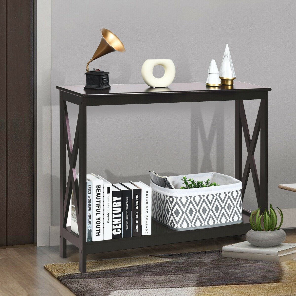 2-Tier Console X-Design Sofa Side Accent Table, Dark Brown Console Tables   at Gallery Canada