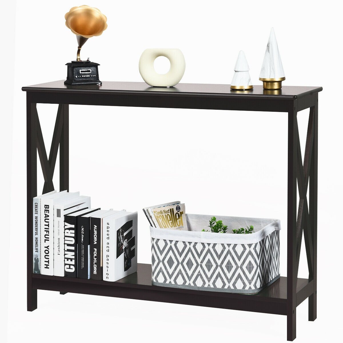 2-Tier Console X-Design Sofa Side Accent Table, Dark Brown Console Tables   at Gallery Canada