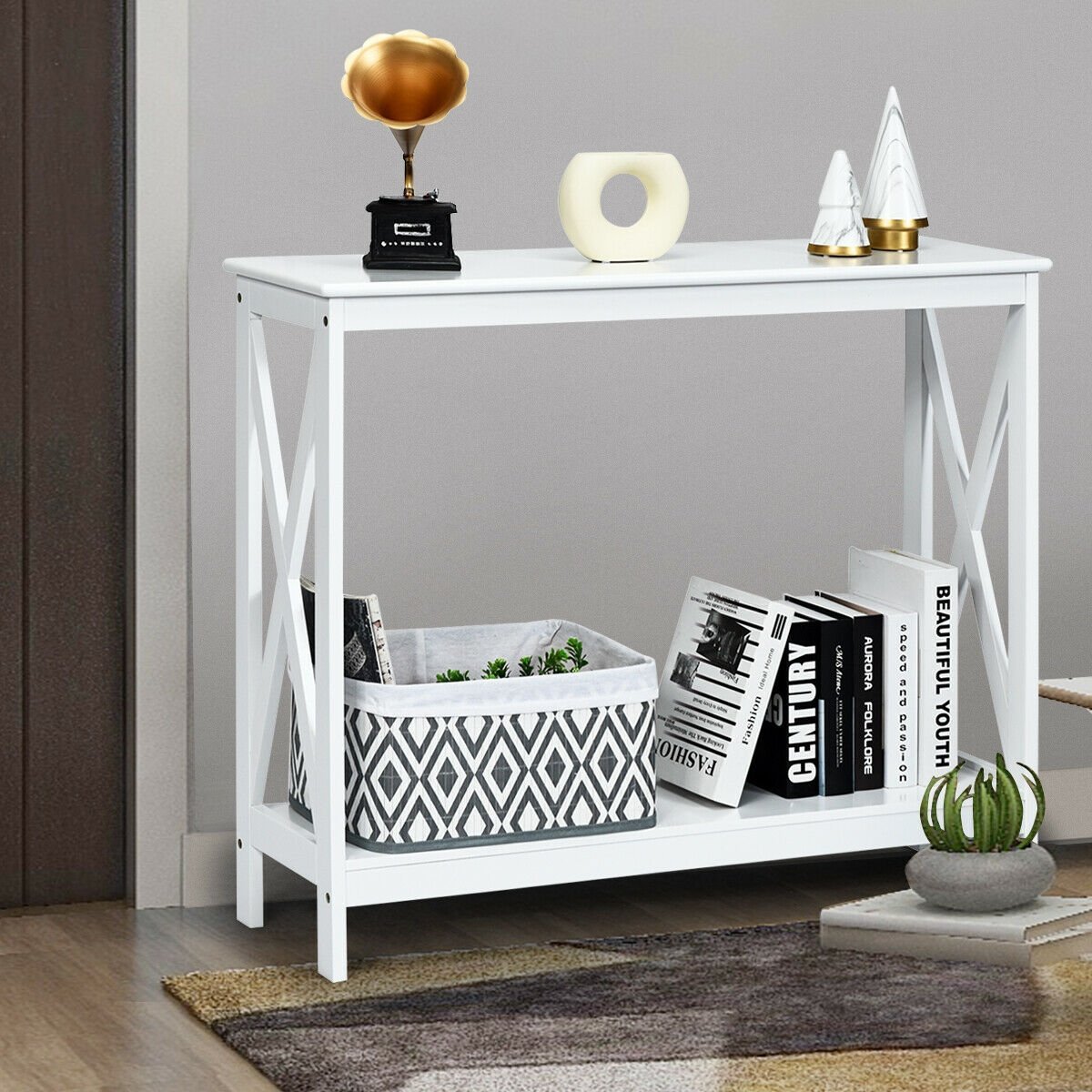 2-Tier Console X-Design Sofa Side Accent Table, White Console Tables   at Gallery Canada