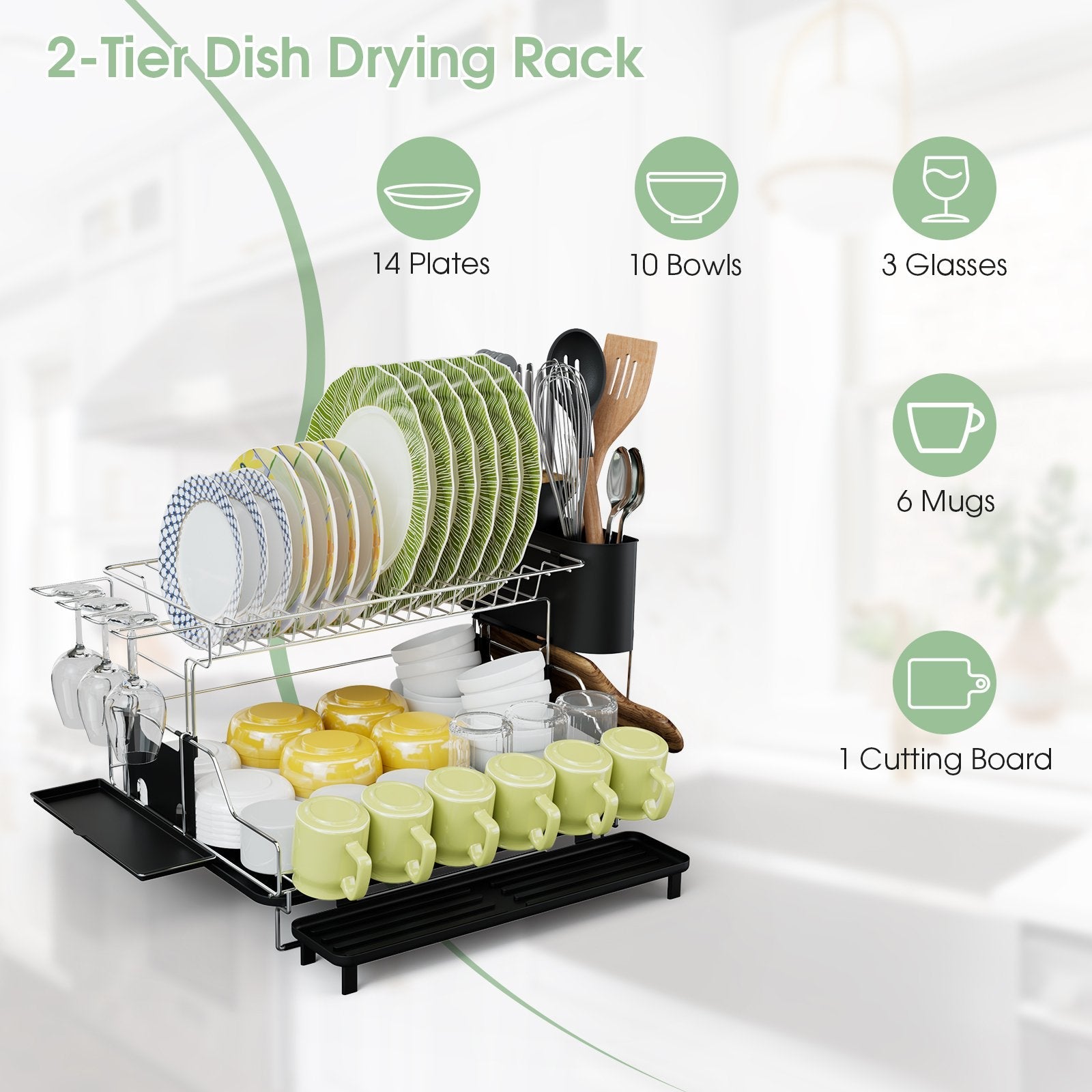 2-Tier Detachable Dish Drying Rack with Cutlery Holder, Black Dish Racks   at Gallery Canada