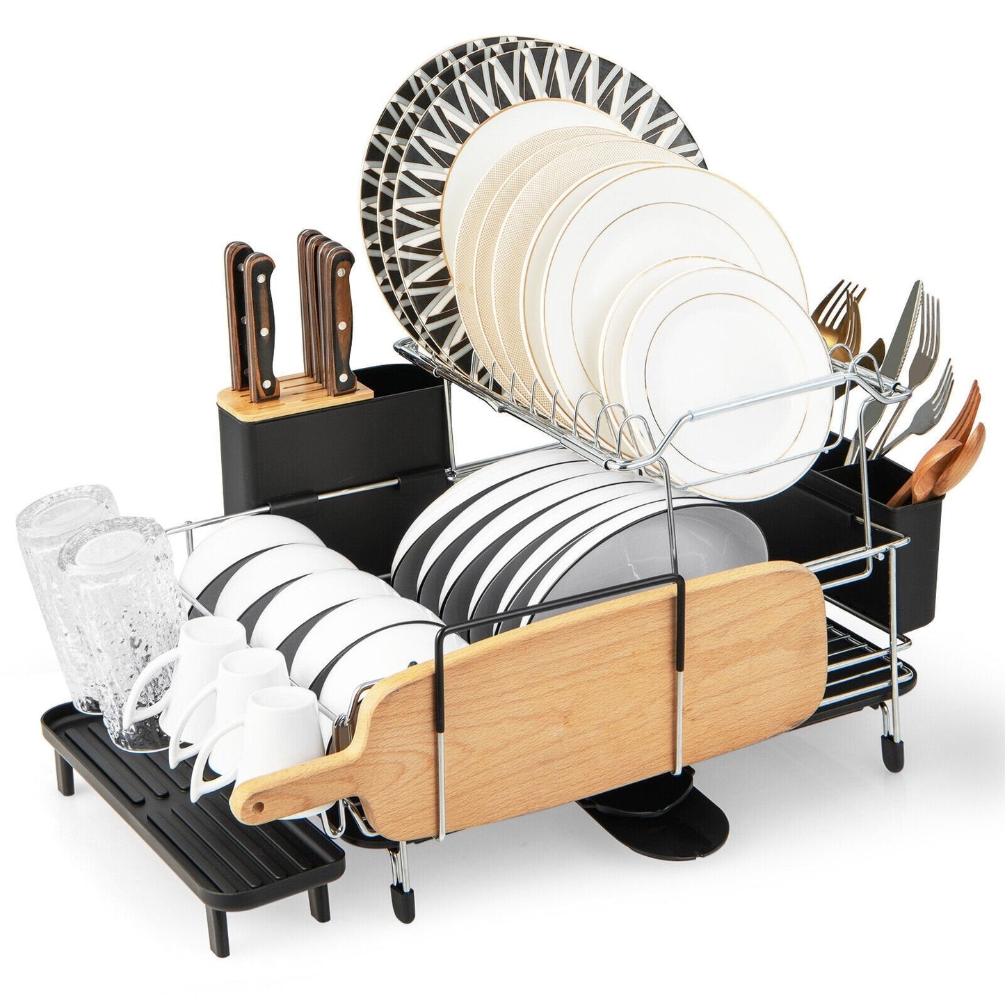 2-Tier Detachable Dish Rack with Drainboard and 360° Swivel Spout, Silver Dish Racks   at Gallery Canada