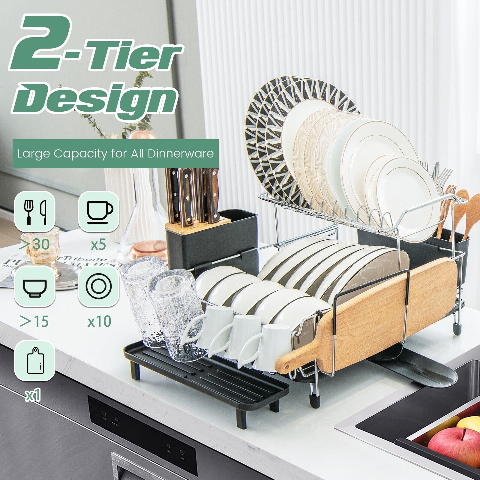 2-Tier Detachable Dish Rack with Drainboard and 360° Swivel Spout, Silver Dish Racks   at Gallery Canada