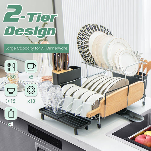 2-Tier Detachable Dish Rack with Drainboard and 360° Swivel Spout, Silver