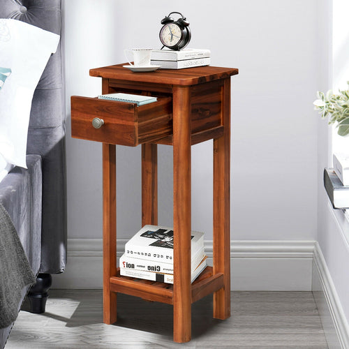 2 Tier End Bedside Table with Drawer Shelf, Brown