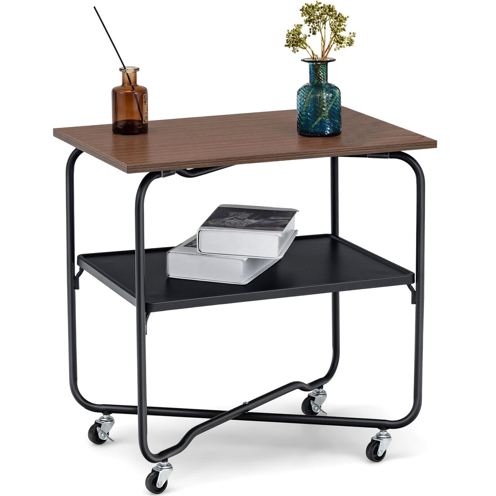 2-Tier End Table with Metal Storage Shelf and Foldable Frame, Brown End & Side Tables   at Gallery Canada