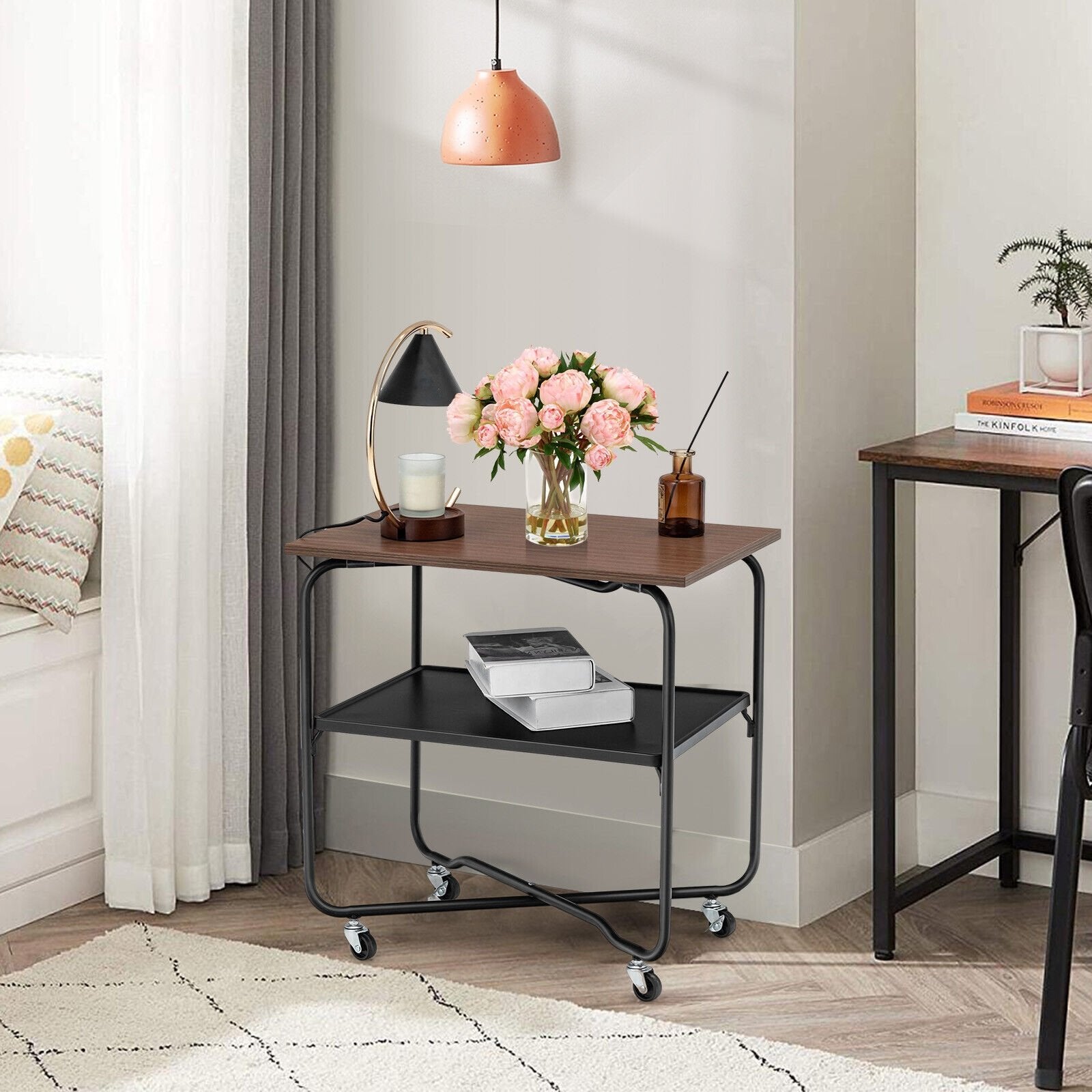 2-Tier End Table with Metal Storage Shelf and Foldable Frame, Brown End & Side Tables   at Gallery Canada