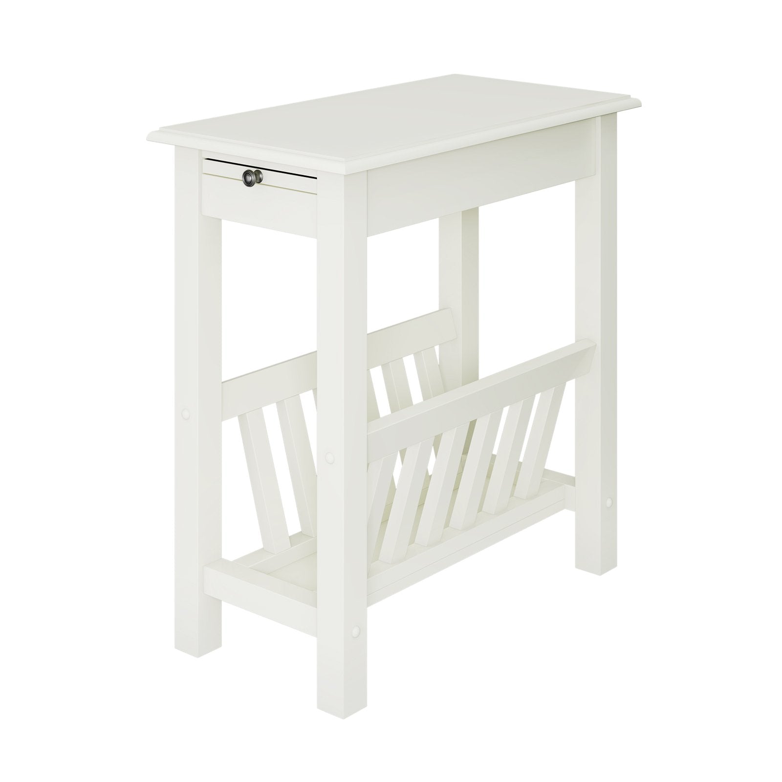 2-Tier End Table with Pull-out Tray and Solid Rubber Wood Legs, White End & Side Tables   at Gallery Canada