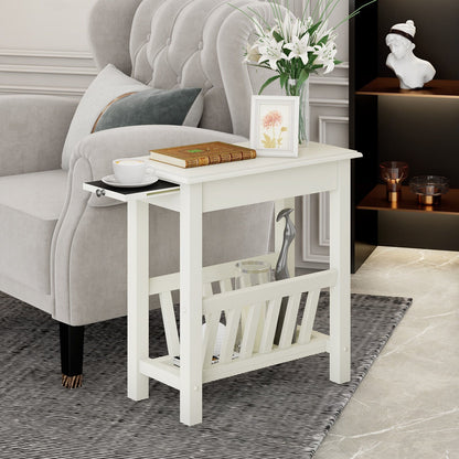 2-Tier End Table with Pull-out Tray and Solid Rubber Wood Legs, White End & Side Tables   at Gallery Canada