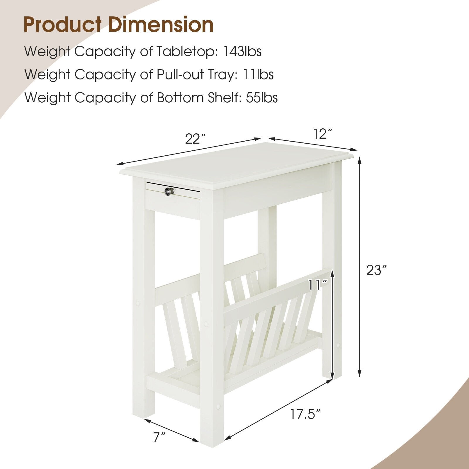 2-Tier End Table with Pull-out Tray and Solid Rubber Wood Legs, White End & Side Tables   at Gallery Canada