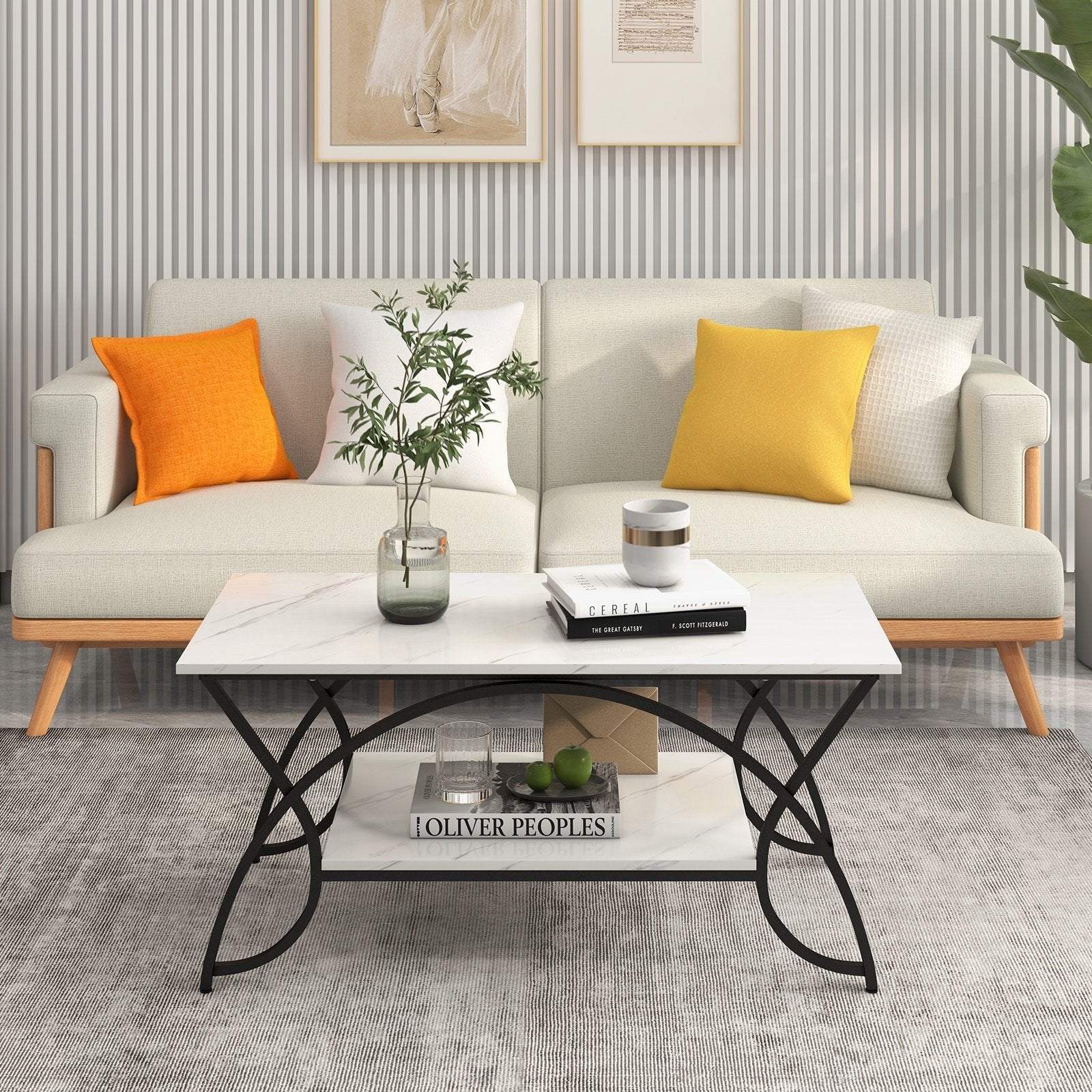 2-Tier Faux Marble Coffee Table with Marble Top and Metal Frame, Black & White Coffee Tables   at Gallery Canada