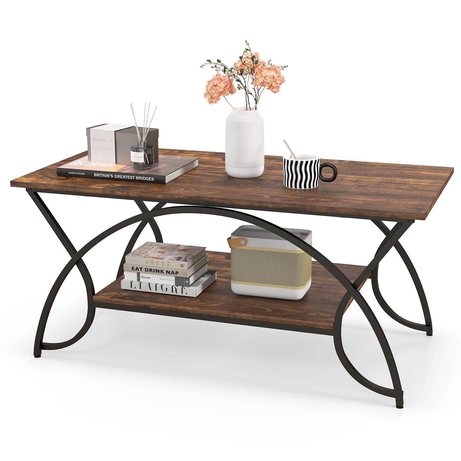 2-Tier Faux Marble Coffee Table with Marble Top and Metal Frame, Rustic Brown Coffee Tables   at Gallery Canada