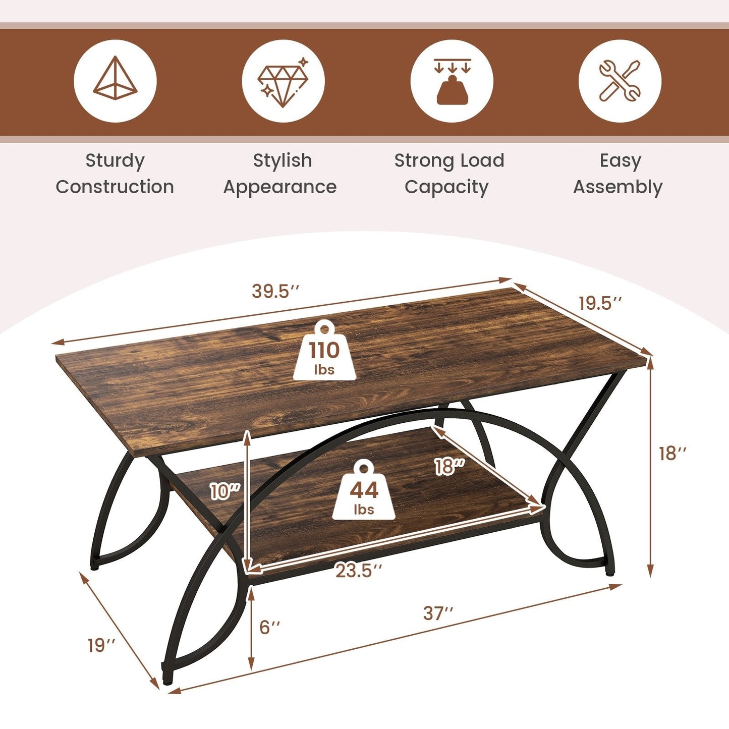 2-Tier Faux Marble Coffee Table with Marble Top and Metal Frame, Rustic Brown Coffee Tables   at Gallery Canada