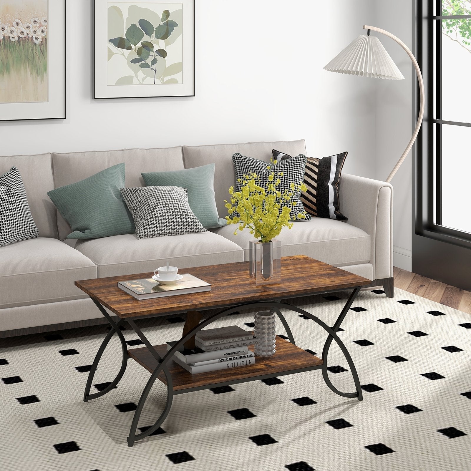 2-Tier Faux Marble Coffee Table with Marble Top and Metal Frame, Rustic Brown Coffee Tables   at Gallery Canada