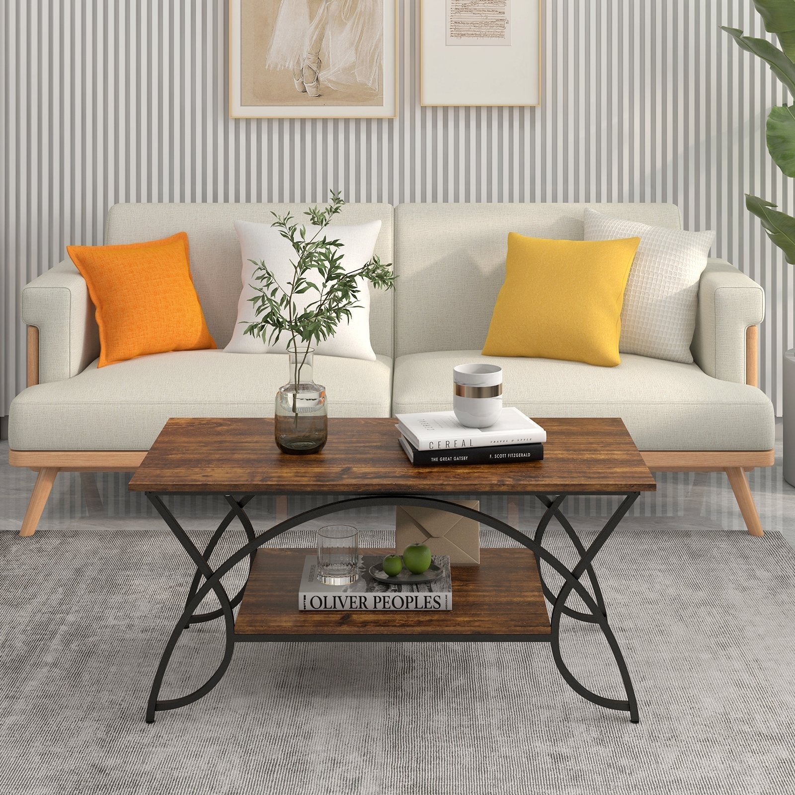 2-Tier Faux Marble Coffee Table with Marble Top and Metal Frame, Rustic Brown Coffee Tables   at Gallery Canada