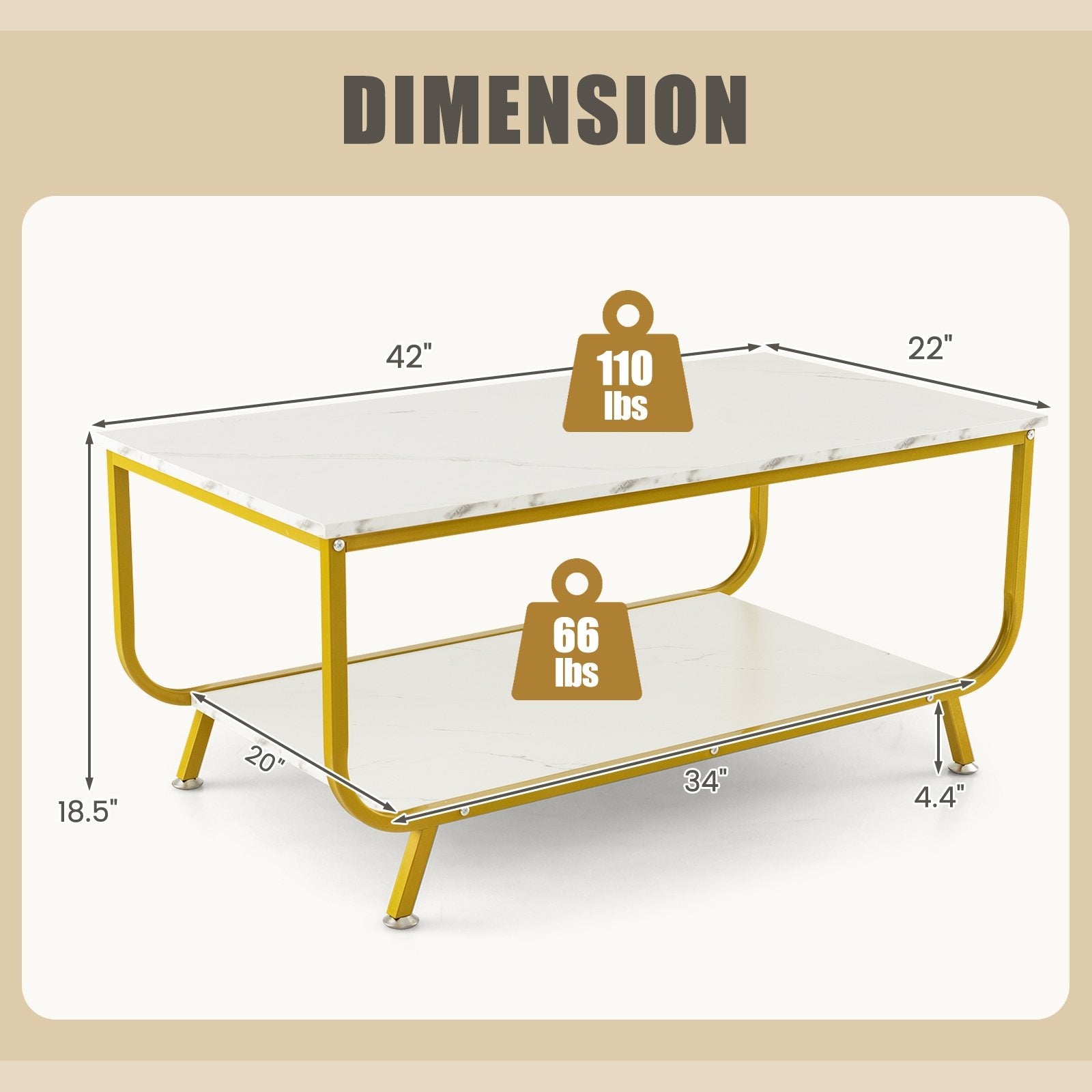 2-Tier Faux Marble Top Rectangular Coffee Table with Metal Frame, White Coffee Tables   at Gallery Canada