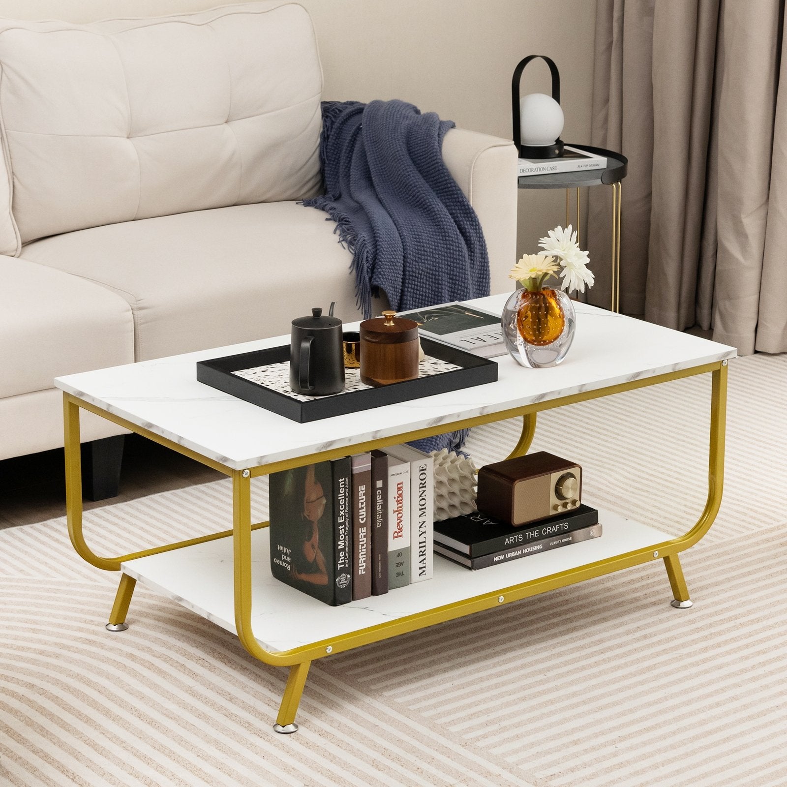 2-Tier Faux Marble Top Rectangular Coffee Table with Metal Frame, White Coffee Tables   at Gallery Canada