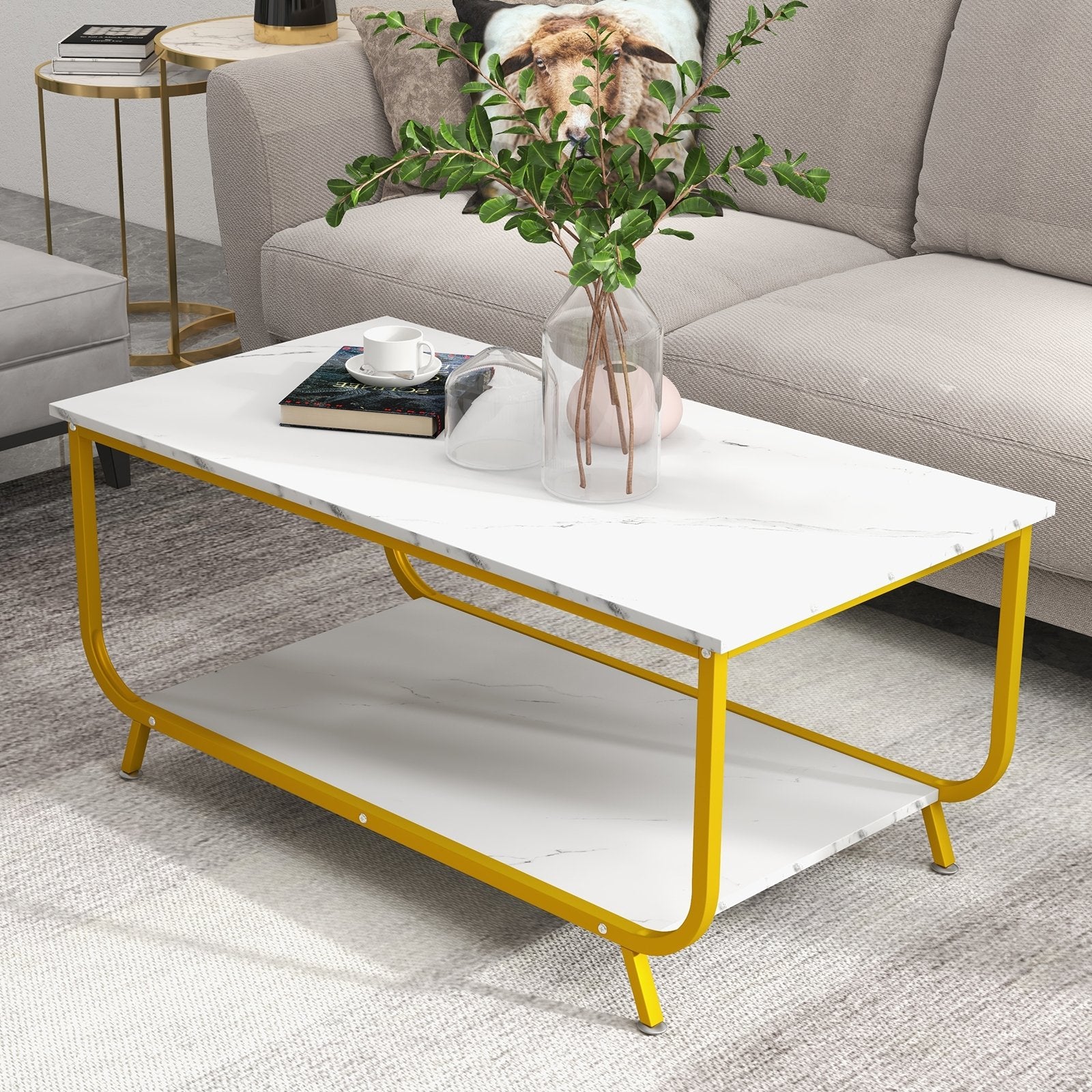 2-Tier Faux Marble Top Rectangular Coffee Table with Metal Frame, White Coffee Tables   at Gallery Canada