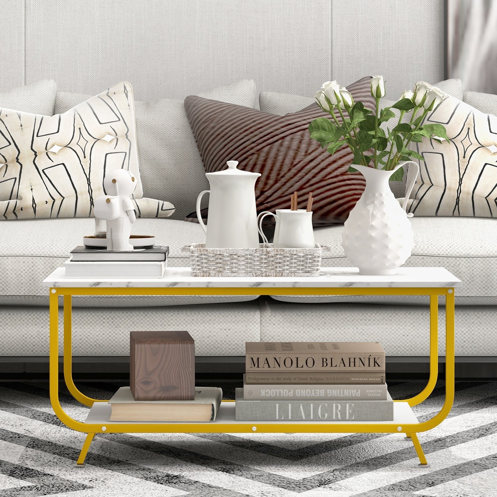 2-Tier Faux Marble Top Rectangular Coffee Table with Metal Frame, White Coffee Tables   at Gallery Canada