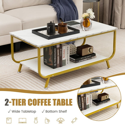 2-Tier Faux Marble Top Rectangular Coffee Table with Metal Frame, White Coffee Tables   at Gallery Canada