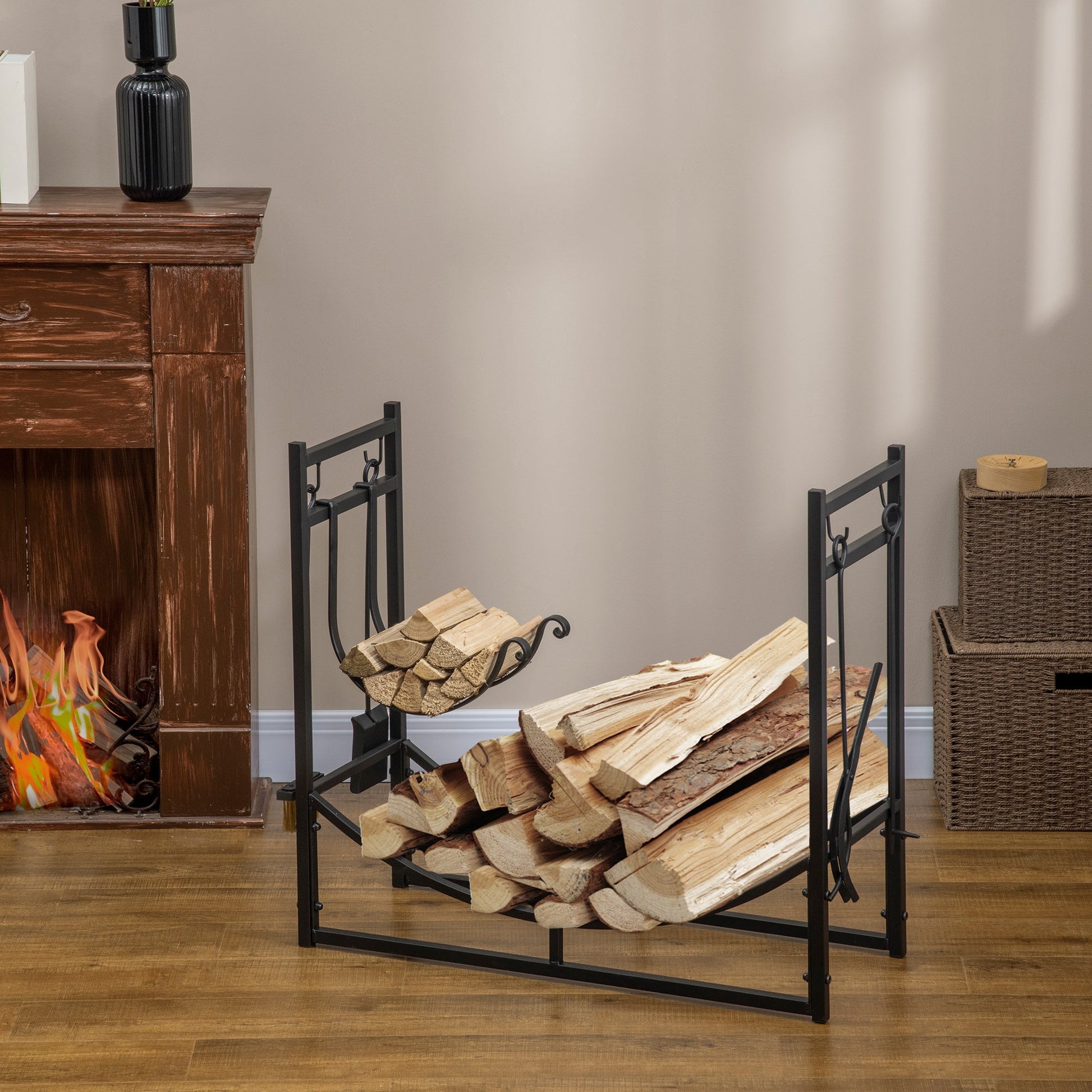 2-Tier Firewood Log Rack with 4 Tools 33" Fireplace Wood Holder Storage Log Rack with Shovel, Broom, Poker, Tongs and Hooks Firewood Racks   at Gallery Canada